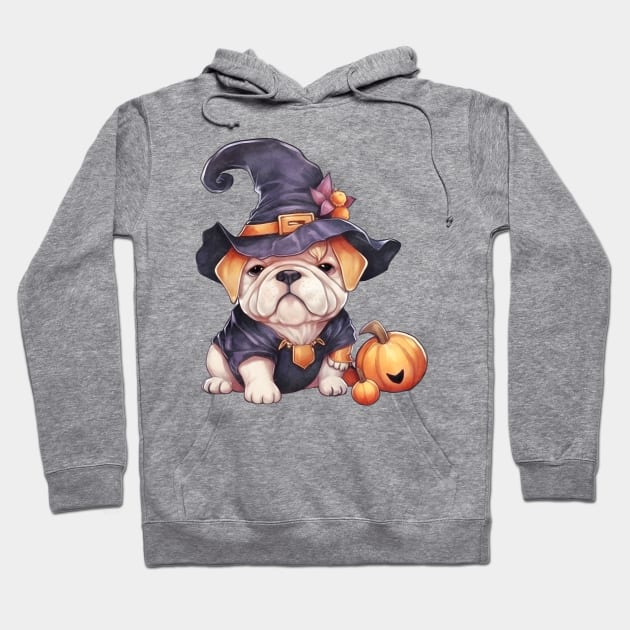 Watercolor Bulldog in Witch Hat Hoodie by Chromatic Fusion Studio